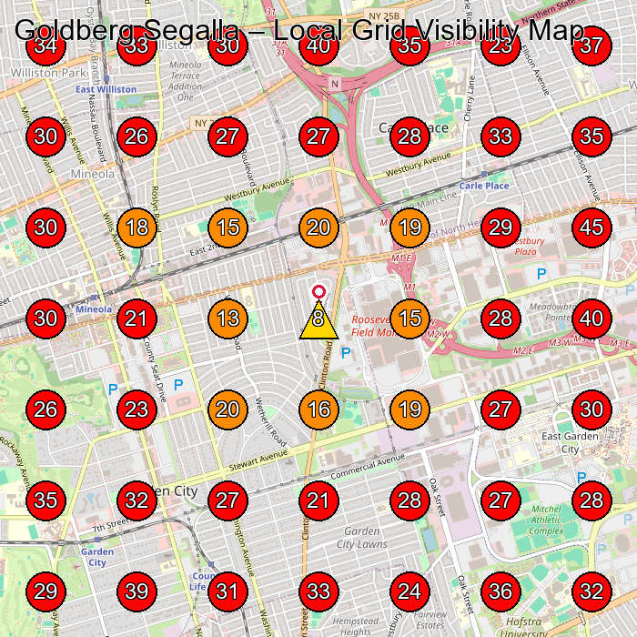 Goldberg Segalla GeoGrid visibility map for Law Firm in Garden City